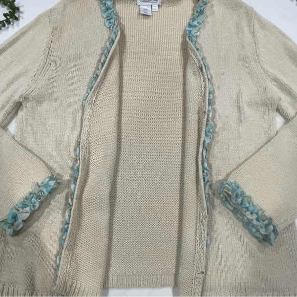 Coldwater Creek Ivory Cardigan Sweater with Blue Floral Ruffle Trim - Picture 2 of 10